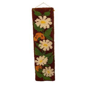 Groovy Art 70s Floral Latch Hook Rug Wallhanging Flower Power 12x47 in.